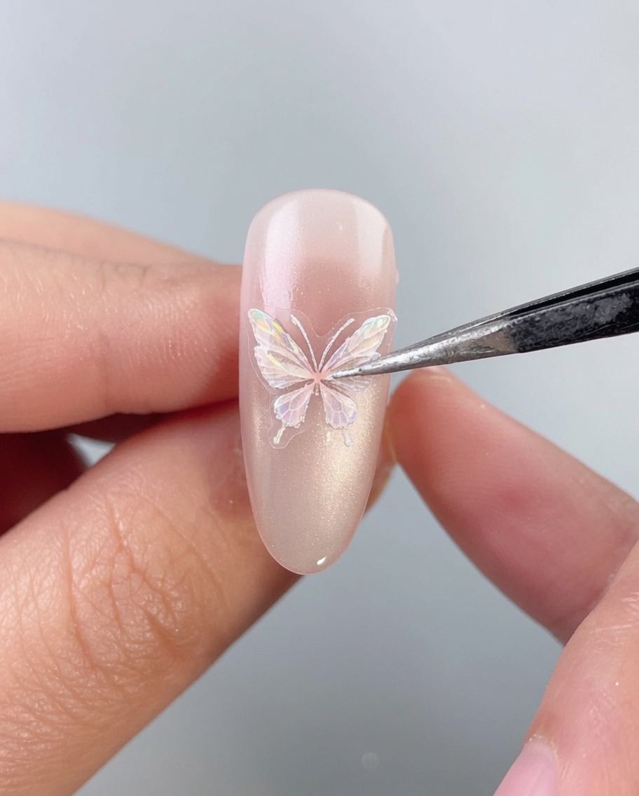 Eine Präzisionspinzette platziert vorsichtig einen schillernden, holografischen Schmetterlings-Sticker auf der Mitte eines manikürten, mandelförmigen Nagels.