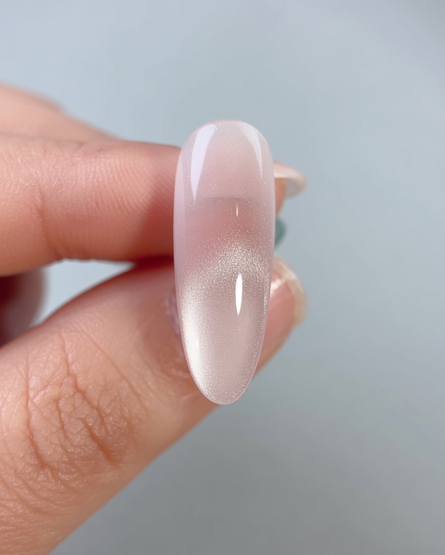 Ein feiner Pinsel zeichnet zwei geschwungene Linien aus klarem Kleber diagonal über einen rosafarben lackierten Nagel.