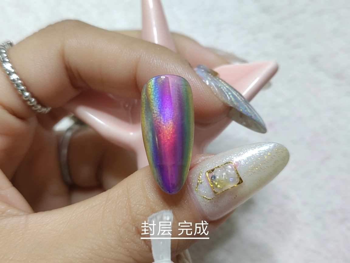 Eine Hand ruht unter einer UV-Nagellampe, wobei die Finger während des finalen Aushärtungsprozesses unter dem violetten Licht sichtbar sind.