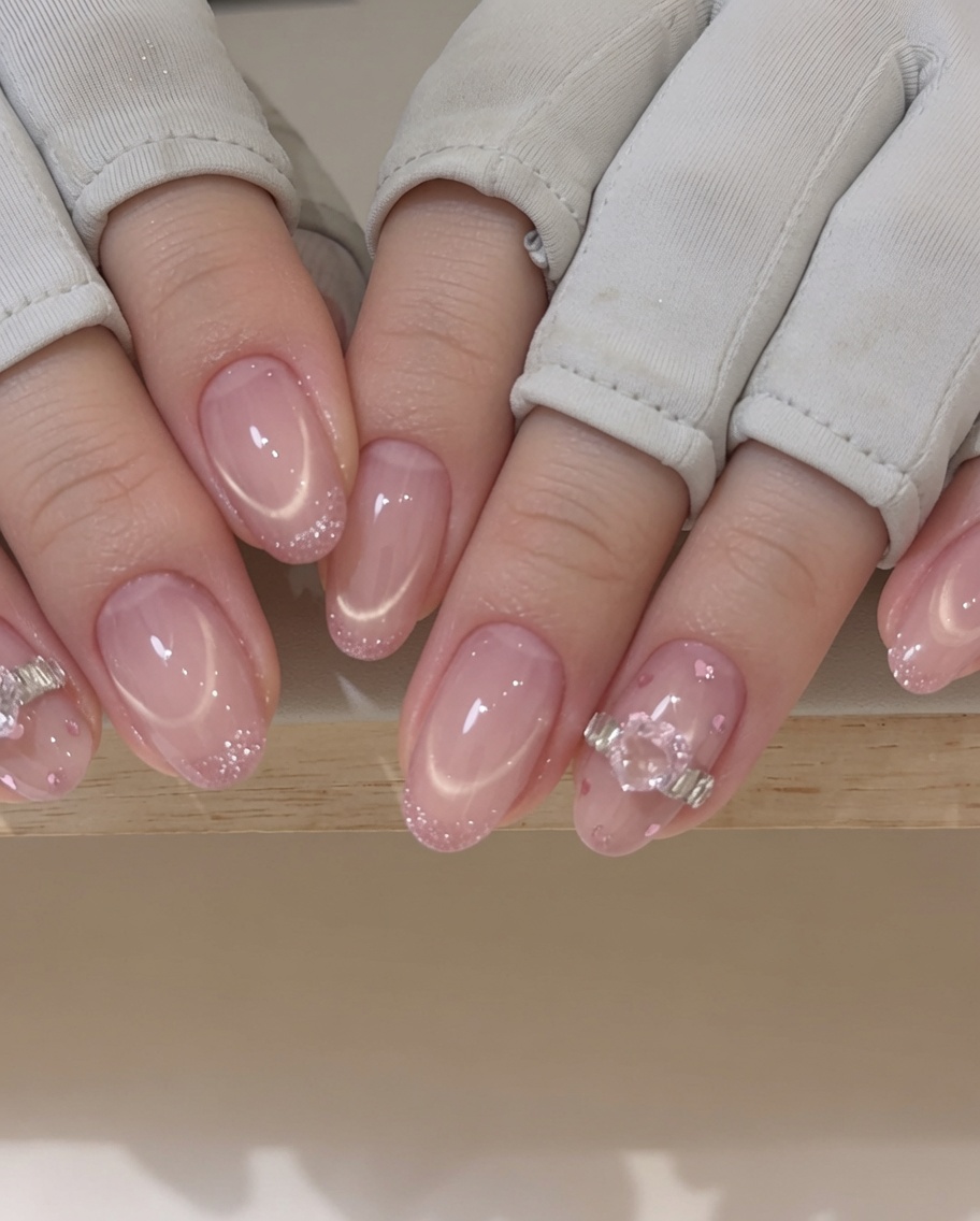 Ein Magnet wird über einen nassen, gel-lackierten Nagel gehalten, um eine scharfe Schimmerlinie zu erzeugen.