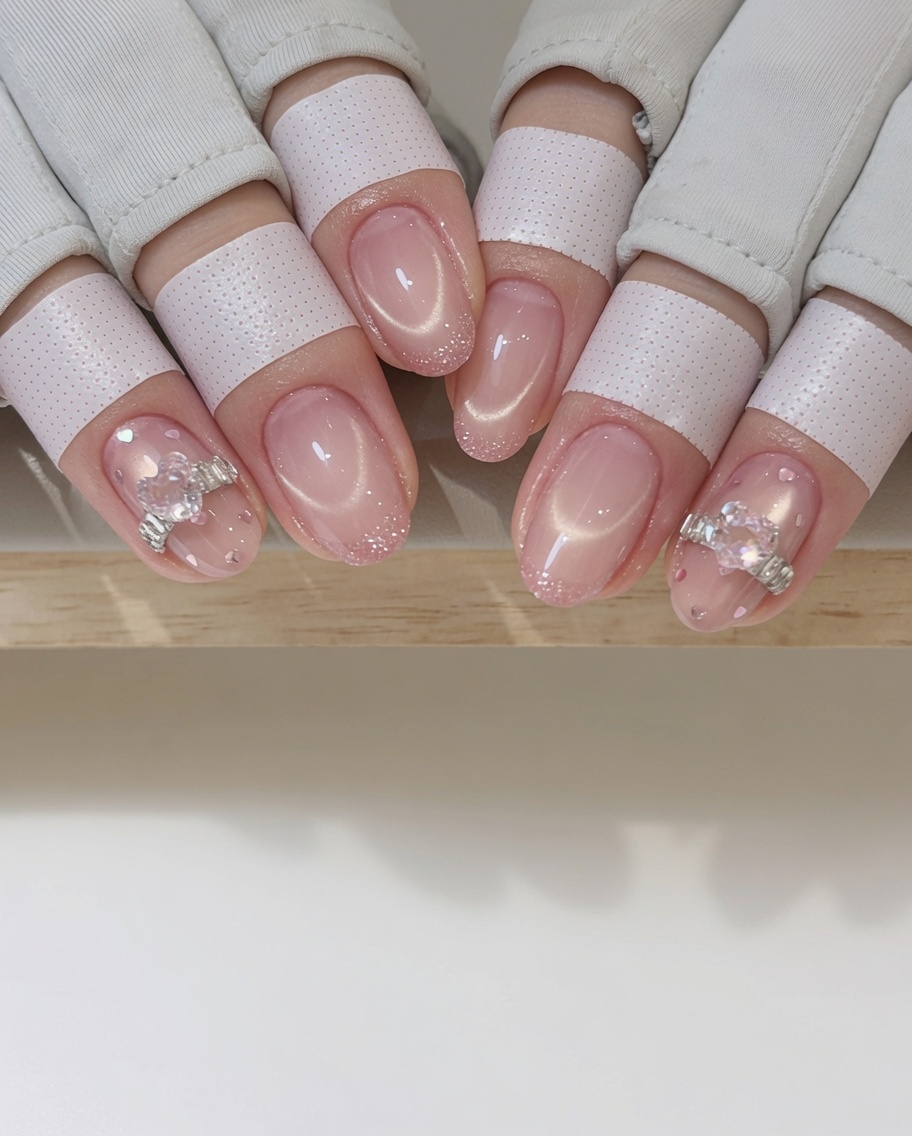Eine Nahaufnahme zeigt einen kleinen Tropfen klaren Klebegels, der auf einen Fingernagel gesetzt wird.