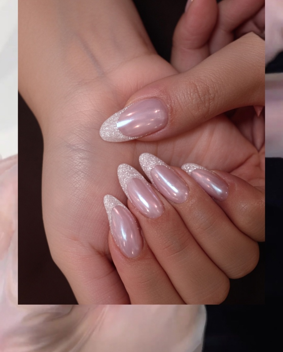 Nahaufnahme eines French-Tip-Aufklebers, der auf einem ausgehärteten Nagel zur Führung positioniert wird.