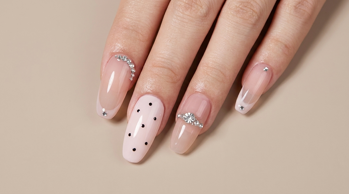 Rosa Nude Gel-Maniküre mit Strass-Verzierungen — Schritt-für-Schritt-Anleitung