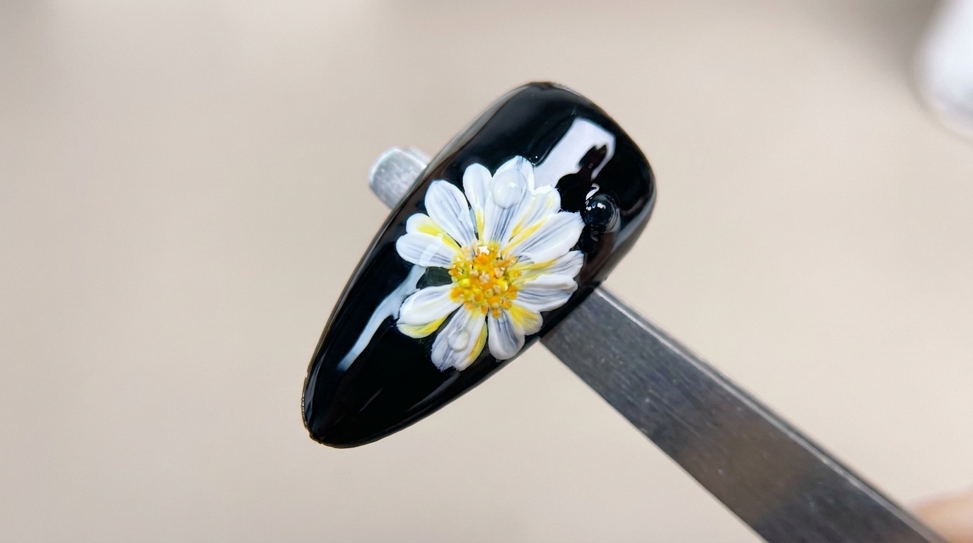 3D Layered Daisy auf schwarzem Grund — Schritt-für-Schritt Gel-Tutorial