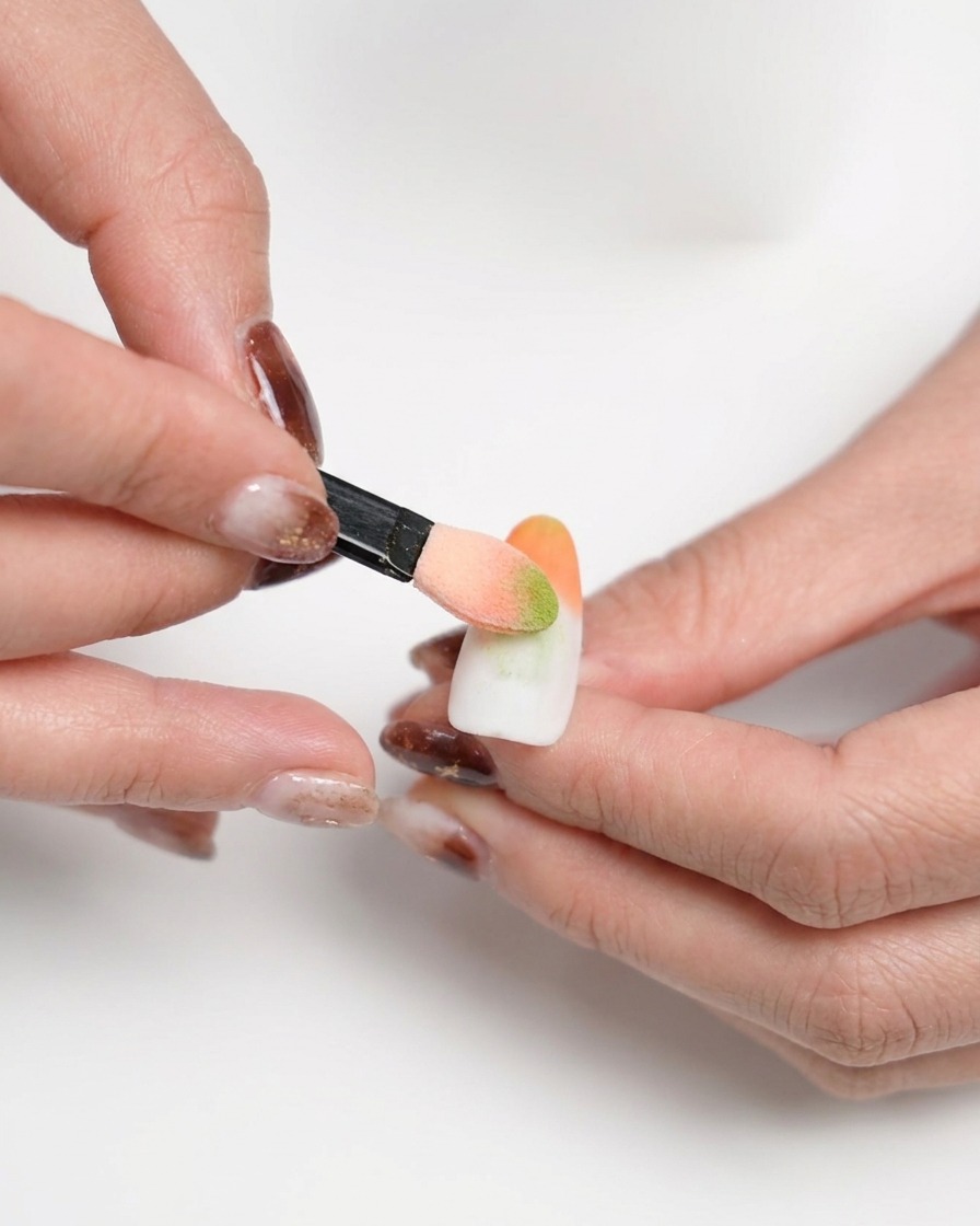 Eine Hand verwendet einen kleinen Schwammapplikator, um orangene Farbe auf die Spitze eines weißen, matten Fingernagels zu tupfen und zu verblenden.