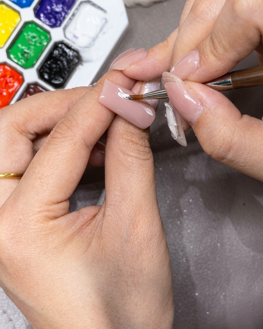 Nahaufnahme des Nagels, auf dem das obere und untere Blütenblatt zu sehen sind.