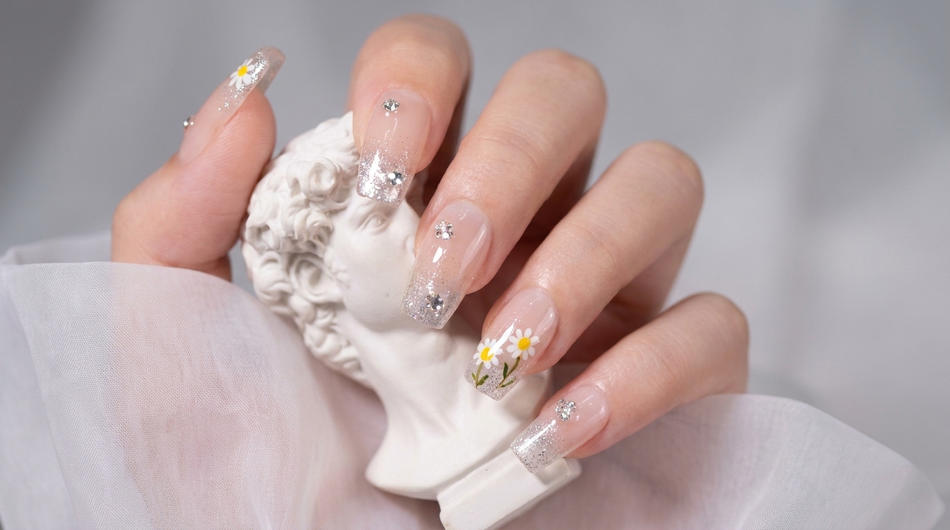 Handgemalte Gänseblümchen-Gelnägel mit reflektierendem Farbverlauf