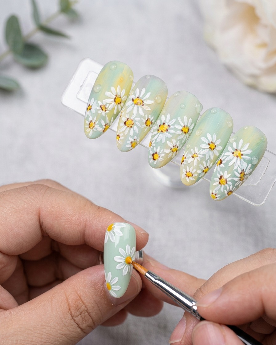 Ein Dotting-Tool beim Setzen eines Tropfens klaren, dicken Gels auf einen matten, floralen Nagel.