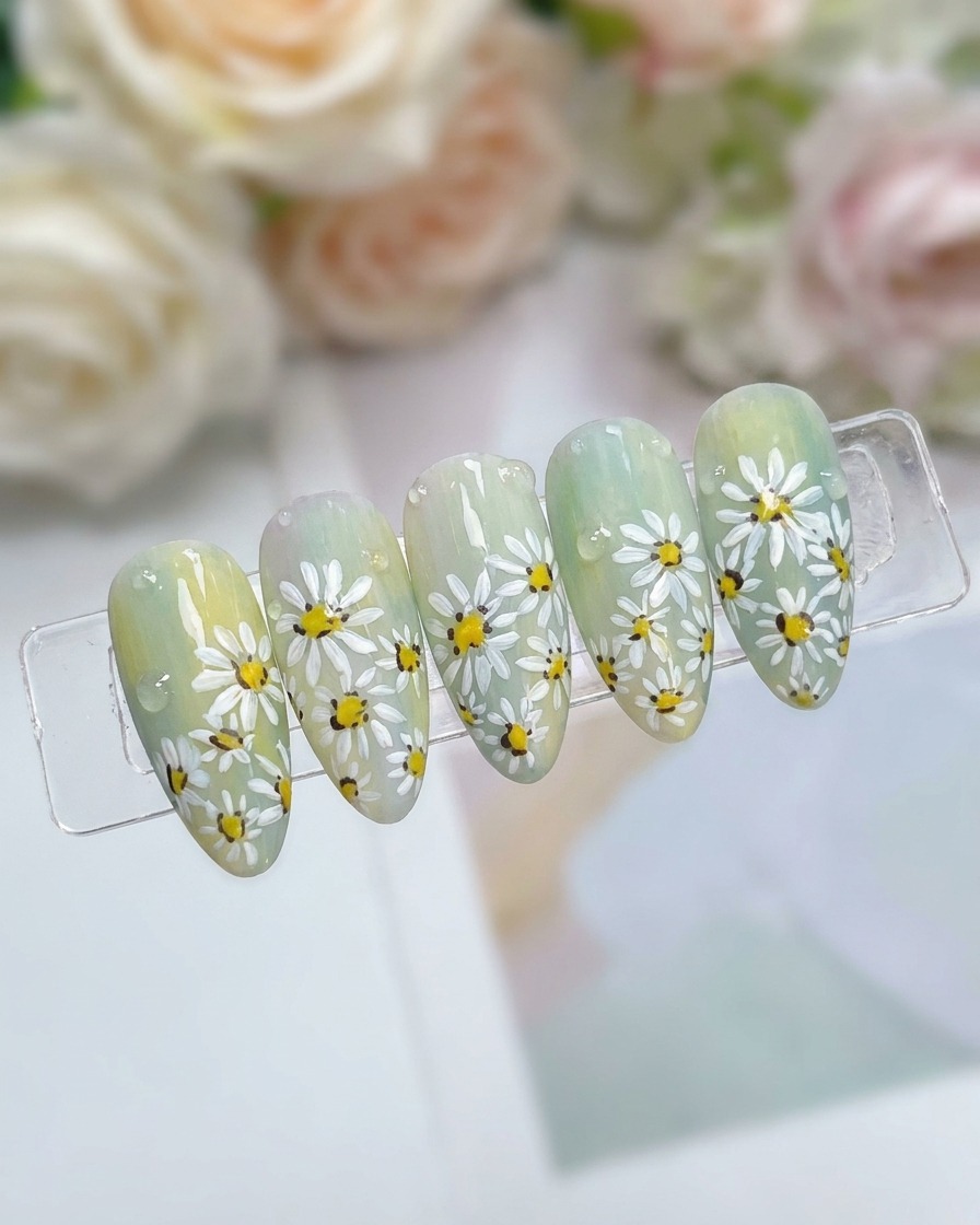 Hochauflösende Aufnahme eines Nagels mit strategisch platzierten, klaren Geltropfen über dem Blumendesign.