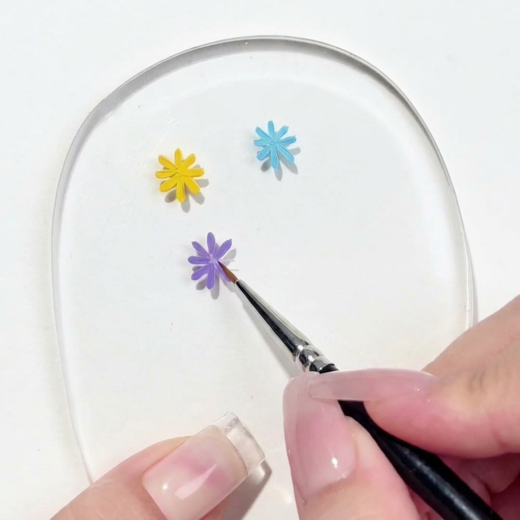 Nahaufnahme eines Detailpinsels, der das letzte Blütenblatt eines violetten Designs auf einer klaren Palette vervollständigt.