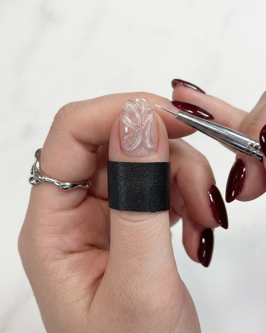 Nahaufnahme eines Pinsels, der feine, elegante Detailstriche zu den weißen Blütenblättern auf dem Nagel hinzufügt.