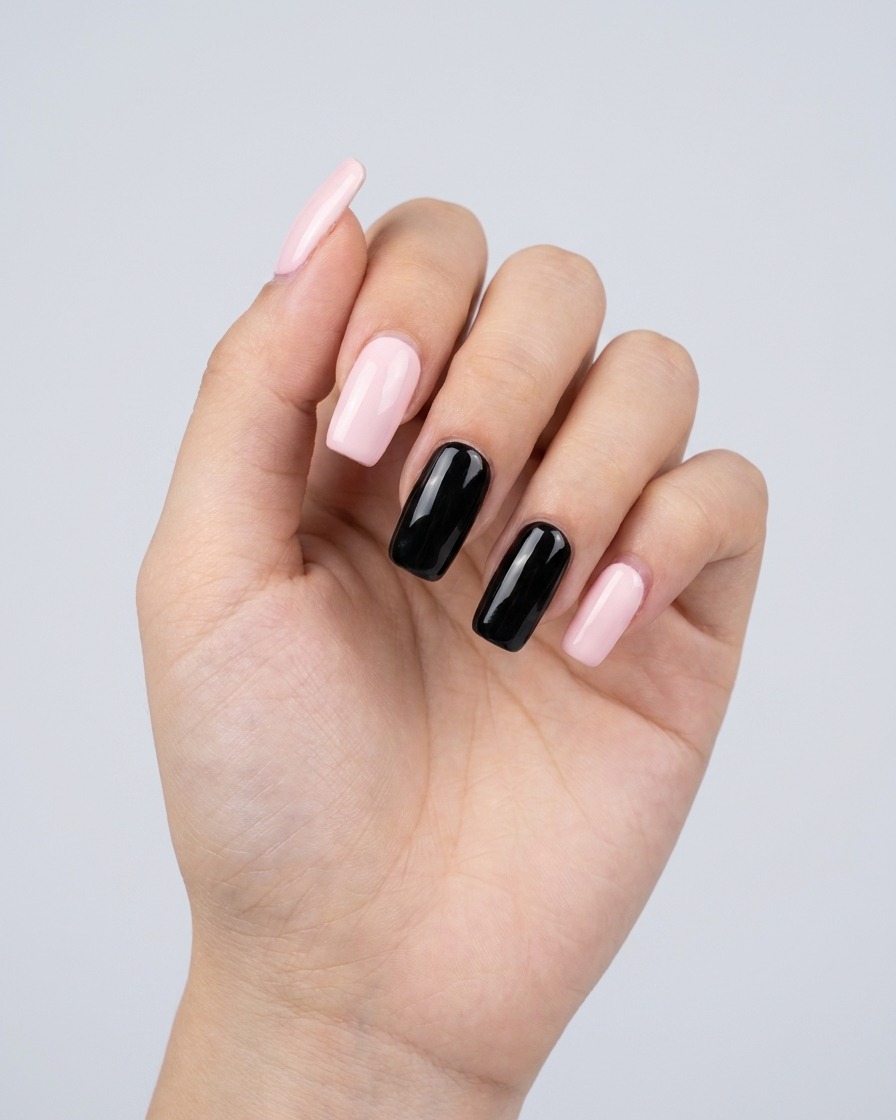 Nahaufnahme eines Fine-Liner-Pinsels, der eine gerade weiße Linie horizontal über die Mitte eines schwarzen Nagels zieht.