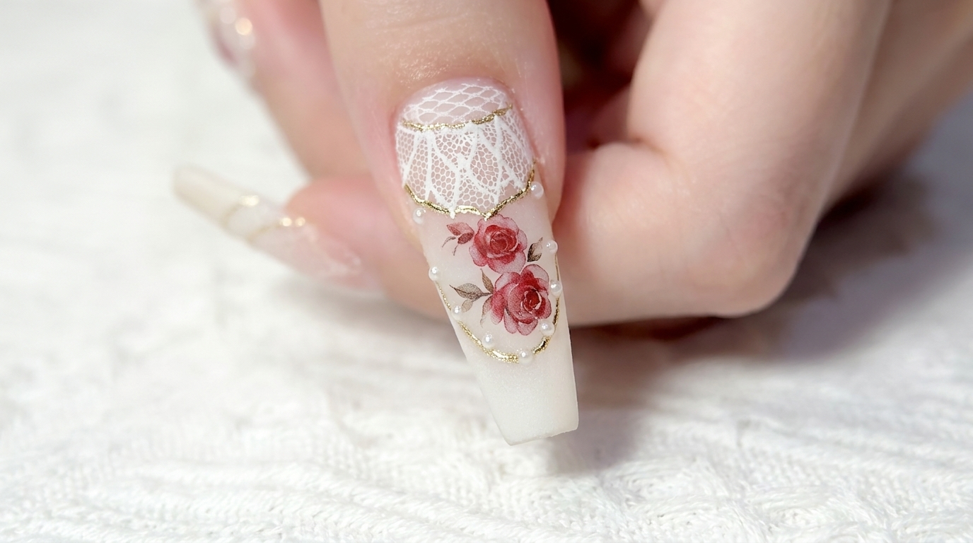 Vintage-Spitze & Aquarell-Rosen — Schritt-für-Schritt Nageldesign