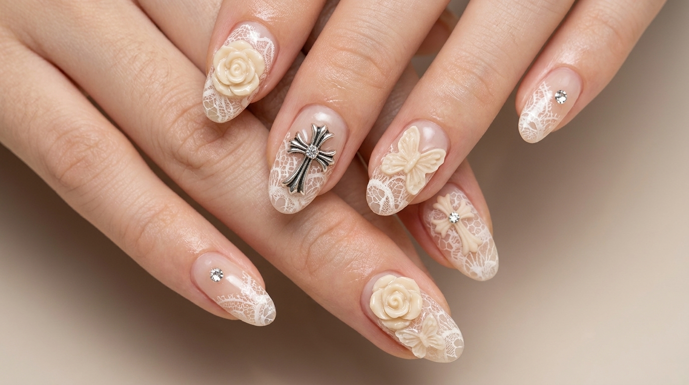 Vintage Chrome Heart und Spitzen-Nailart Anleitung