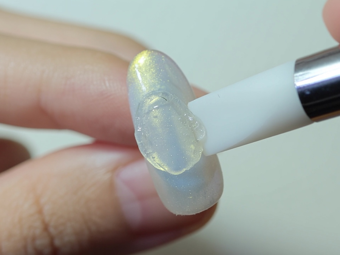 Ein Pinsel trägt eine dünne Schicht weißes Gel auf die Kunststoffbasis auf einem Nagel auf.