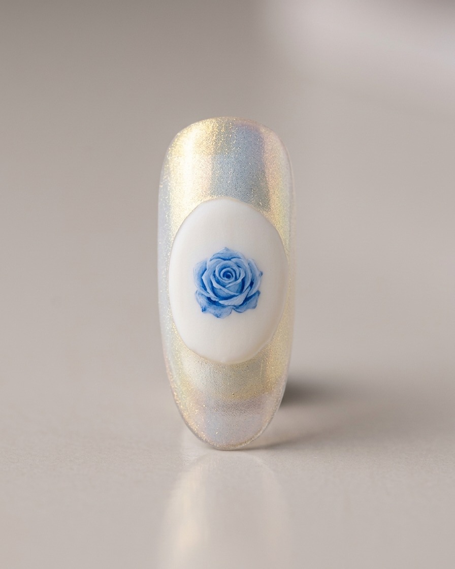 Ein feiner Liner-Pinsel zeichnet das Design einer kleinen hellblauen Rose auf einer weißen ovalen Basis.