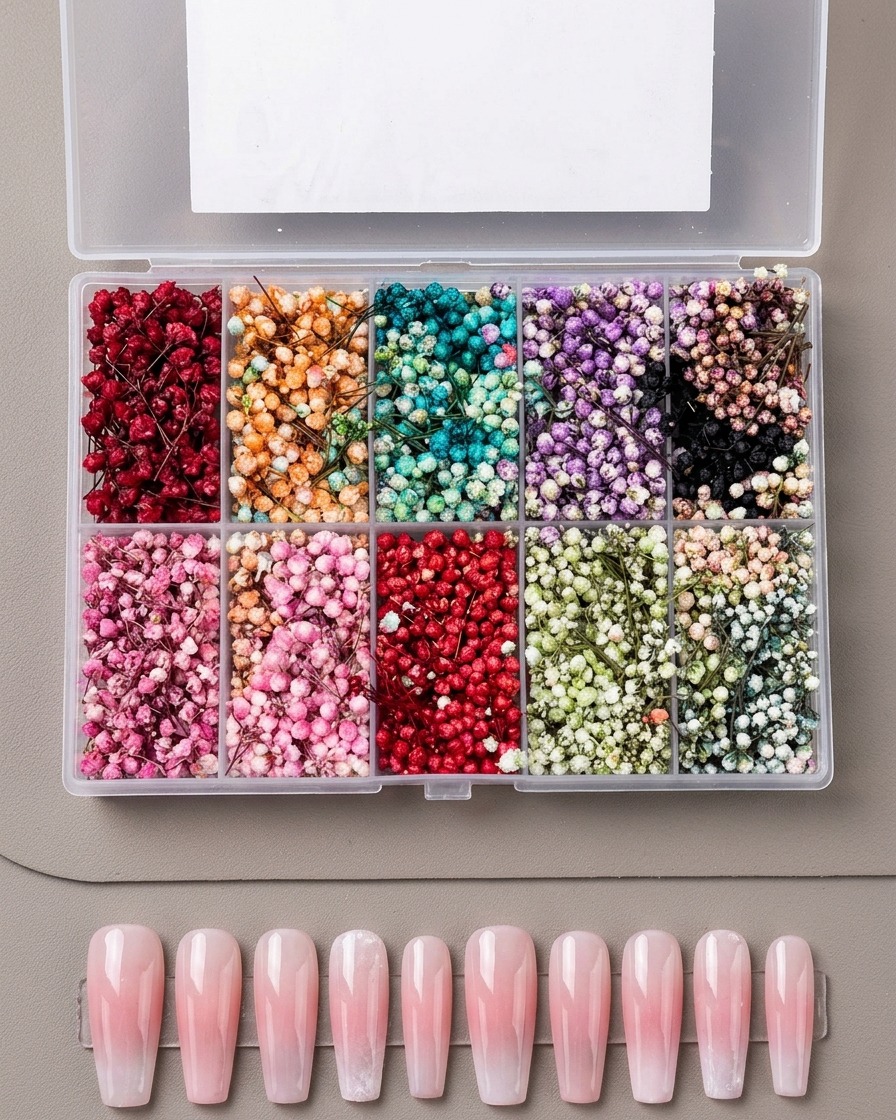 Eine Pinzette platziert vorsichtig eine winzige getrocknete Blume auf der Oberfläche eines manikürten Nagels.