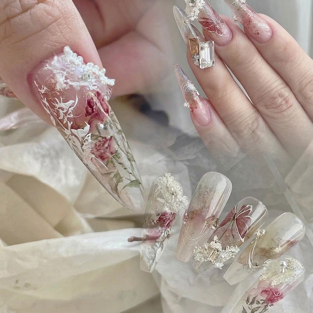 Nahaufnahme von verstreuten Silberfolienstücken auf einem transparenten Nagelgrund.