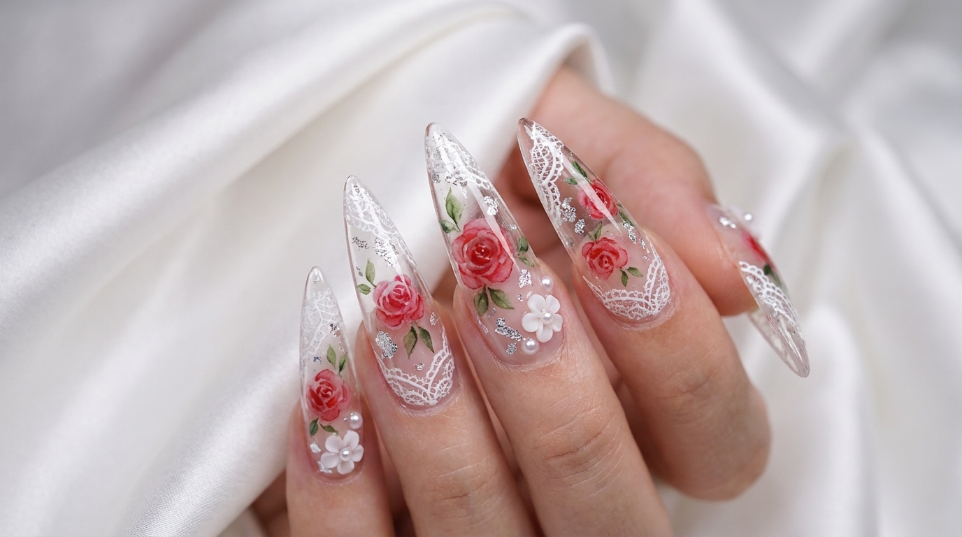 Stiletto-Nägel mit Aquarell-Rosen und Spitzen-Design