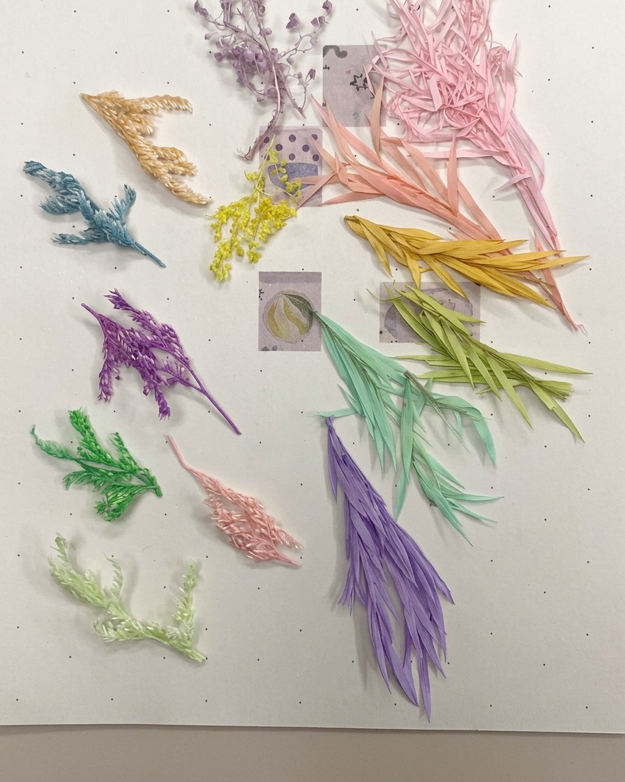 Gelbes, lineares Trockenblumenmaterial wird als Teil eines Einarbeitungsprozesses auf eine Nageloberfläche gelegt.