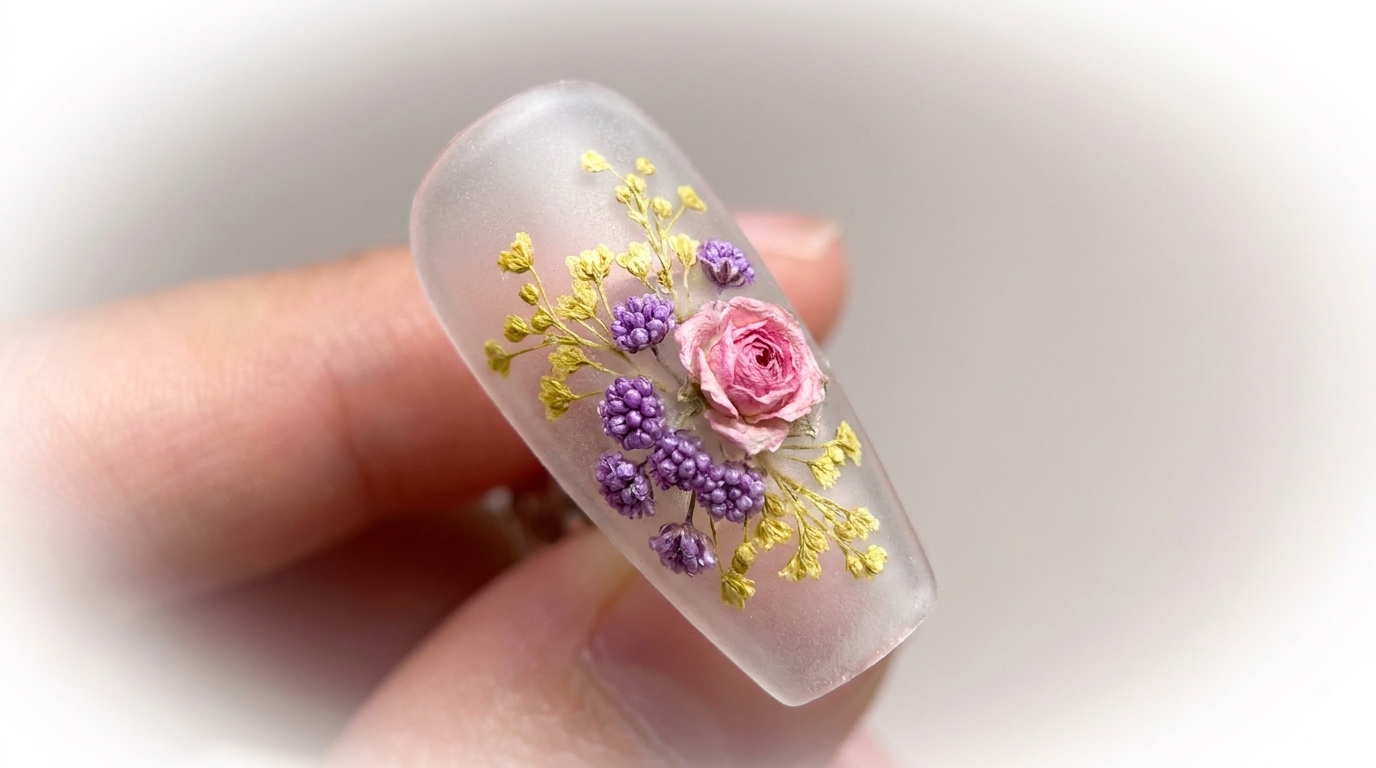Eingebettete Trockenblumen-Nagelkunst — Tutorial für einen matten Frosted-Look