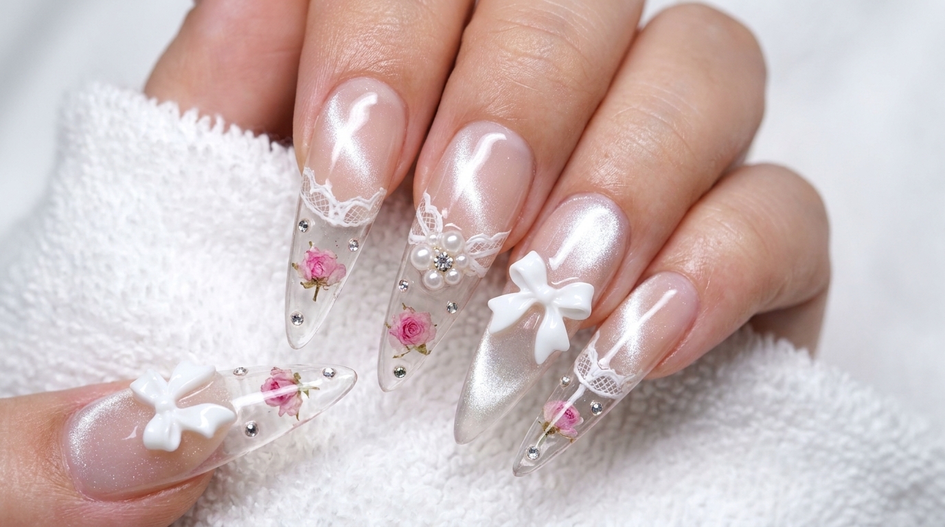 Eisige Trockenblumen-Nägel mit Cat-Eye-Effekt und 3D-Schleifen – Schritt-für-Schritt-Anleitung
