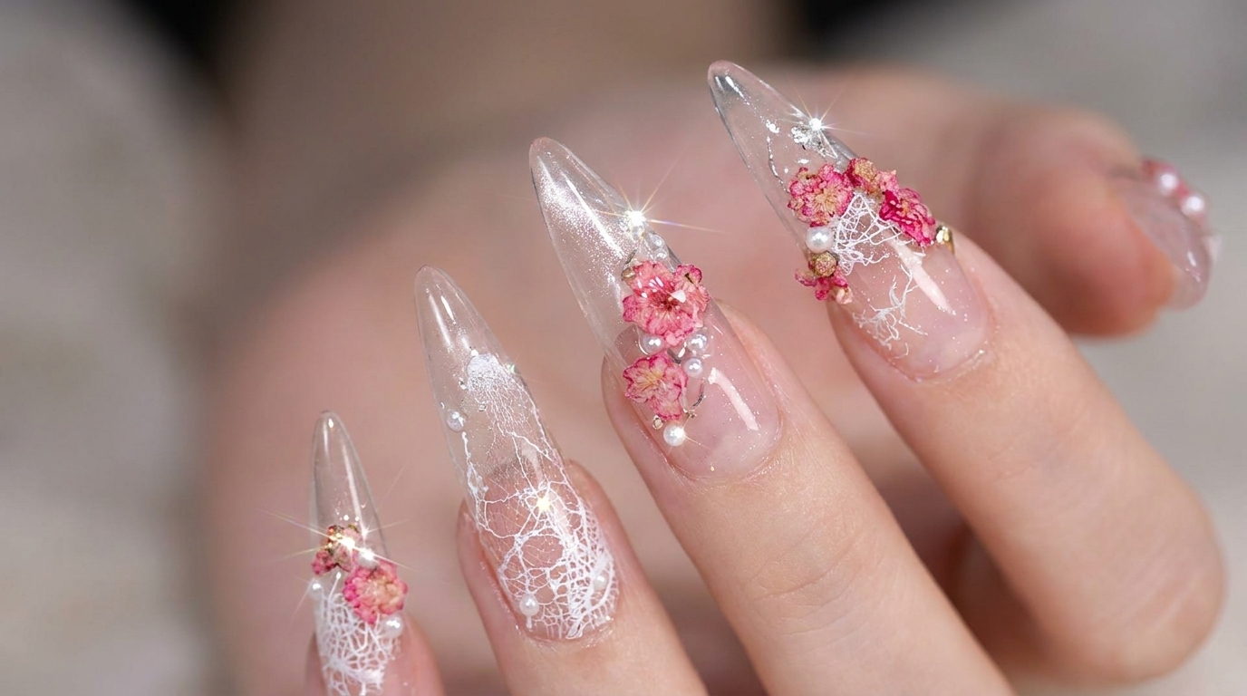 Ethereale Trockenblumen- und Spitzen-Nailart — Schritt-für-Schritt-Anleitung