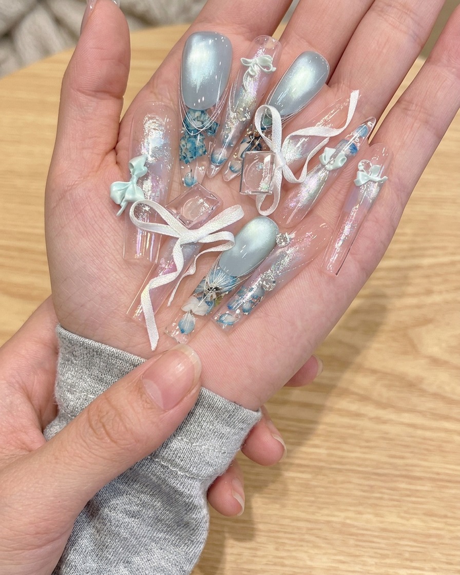 Ein klarer Stiletto-Nageltip wird mit einem Pinselkleber auf einen Naturnagel geklebt.