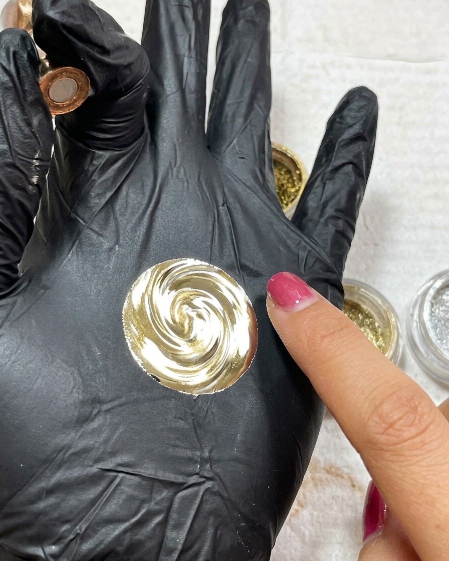 Ein kleiner Applikator reibt eine edle Gold-Silber-Pigmentmischung auf die erhabenen Linien des Nagels.