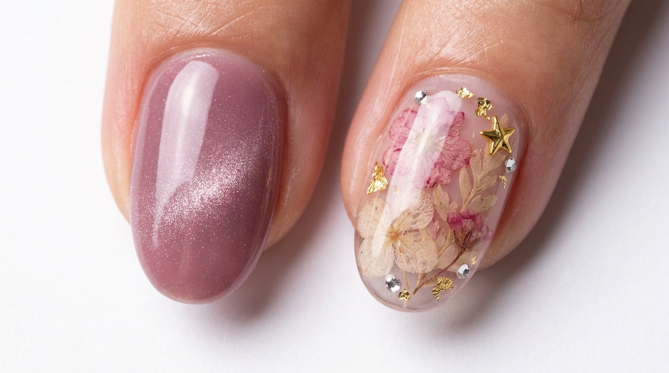 Frühlingshafte Cat-Eye-Nägel mit getrockneten Blüten – Schritt-für-Schritt-Anleitung