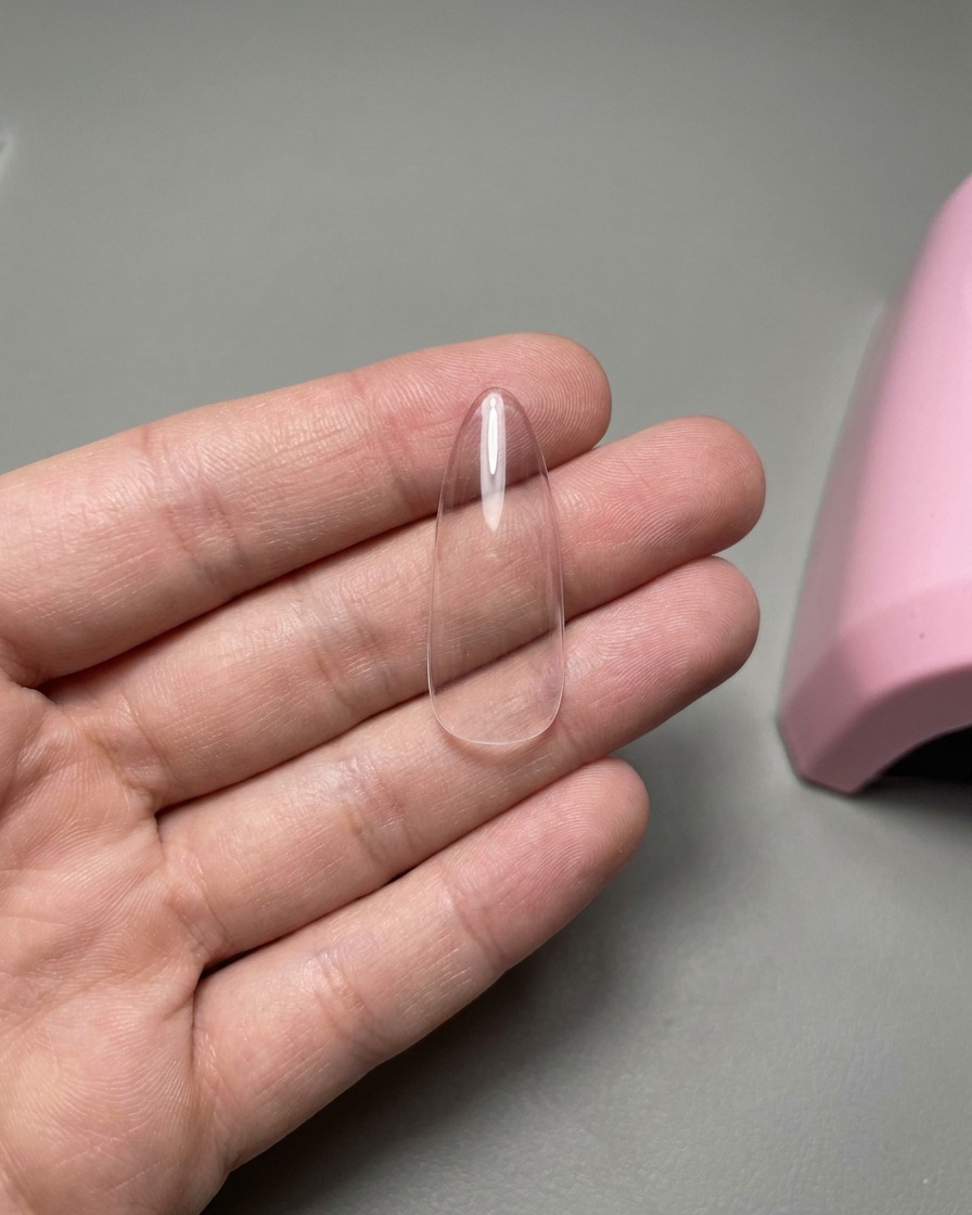 Ein transparenter Nageltipp in einer Hand, mit einem French-Sticker auf der oberen Spitze.