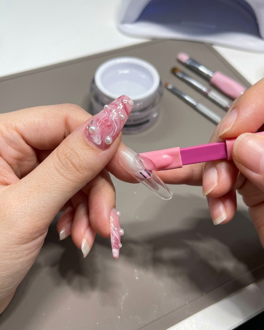 Eine Hand legt einen Nageltipp zum Aushärten in eine kleine, rosafarbene UV-Lampe.