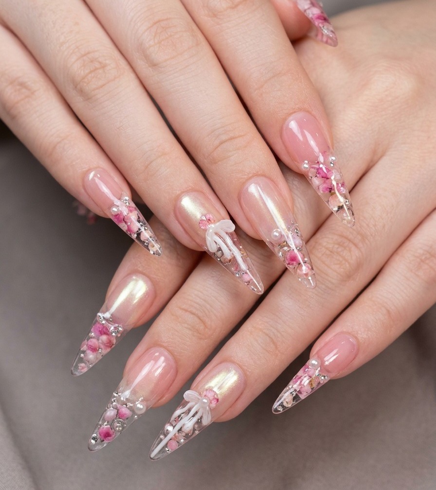 Ein Pinsel trägt klares Basis-Gel auf die Unterseite einer Nagelverlängerung auf.