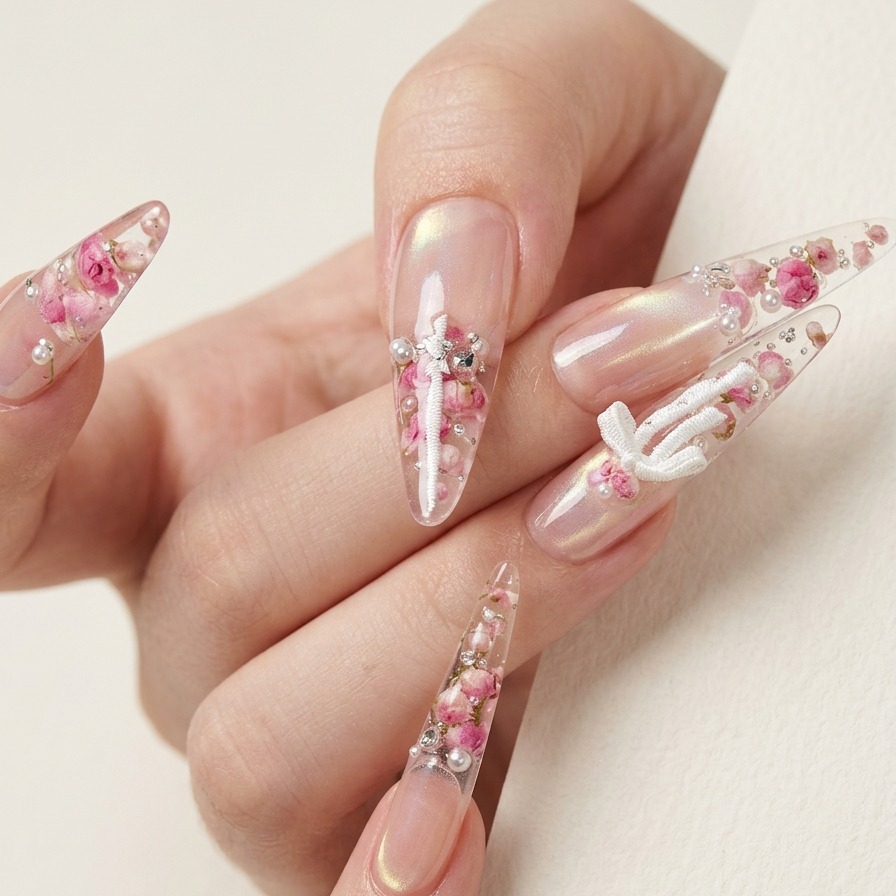 Eine Pinzette platziert kleine getrocknete Rosenblätter auf der Unterseite eines transparenten Nageltipps.