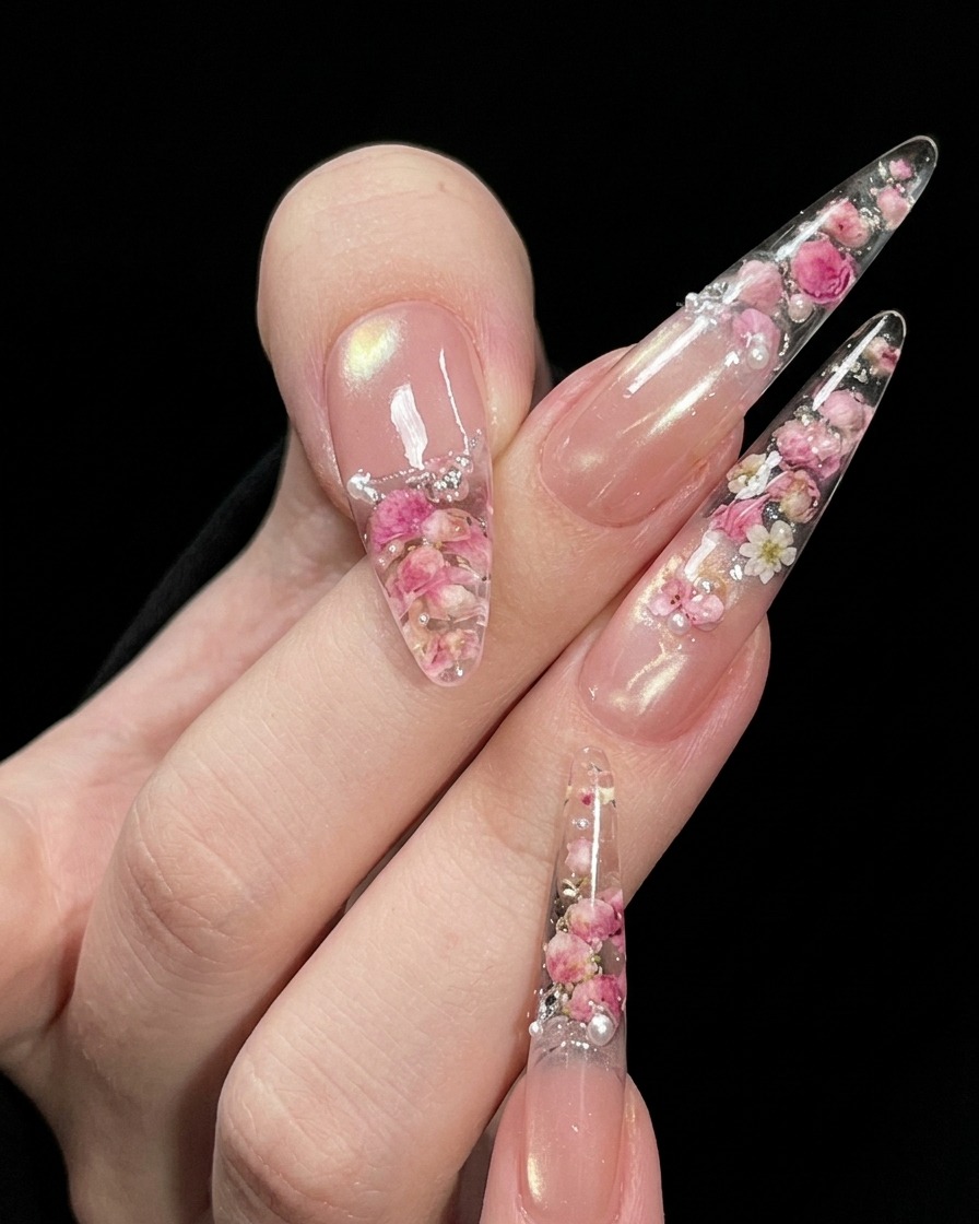 Nägel werden in einer UV/LED-Nagellampe ausgehärtet, wobei der Fokus auf der Dekoration der Unterseite liegt.