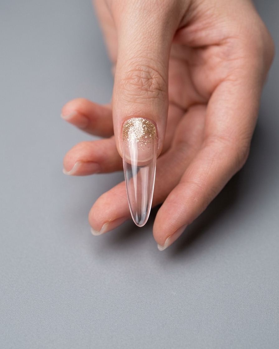 Auftragen einer klaren Basisschicht auf den Bereich des Nagel-Tips zur Vorbereitung der Blumenplatzierung.