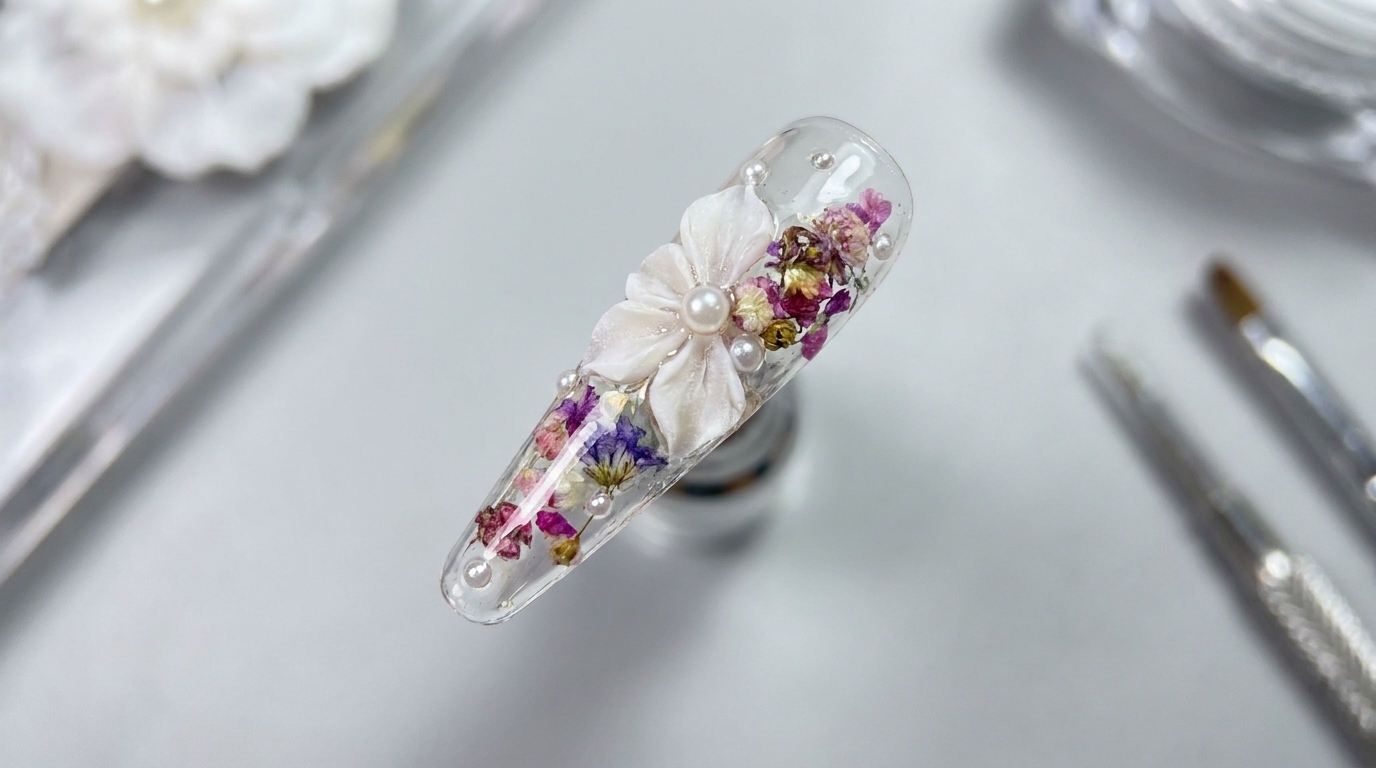 Tutorial: Eisig-transparente Nägel mit Trockenblumen und 3D-Blüten
