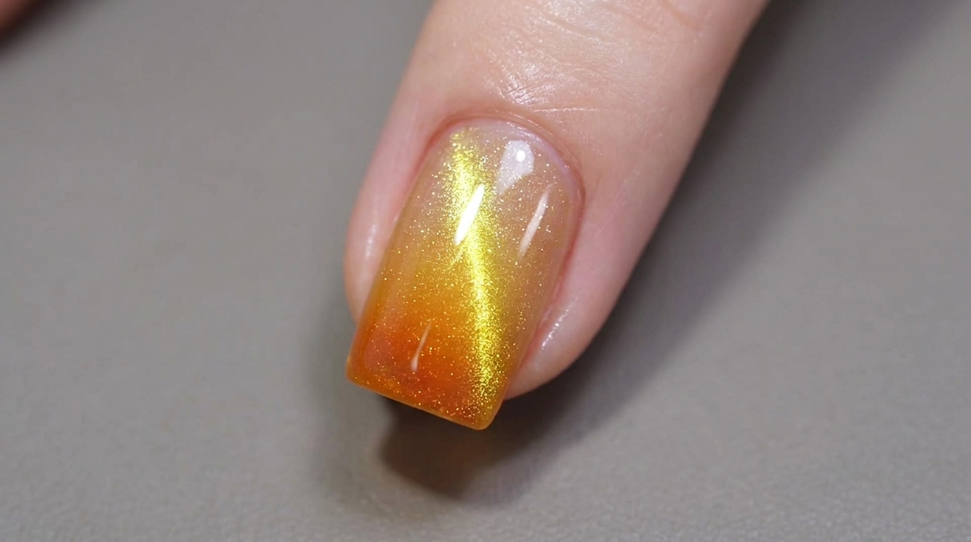Nahaufnahme eines glänzenden Fingernagels mit hellem Gold-Cat-Eye-Schimmer, der in einen lebendigen Sunset-Orange-Verlauf an der Spitze übergeht.