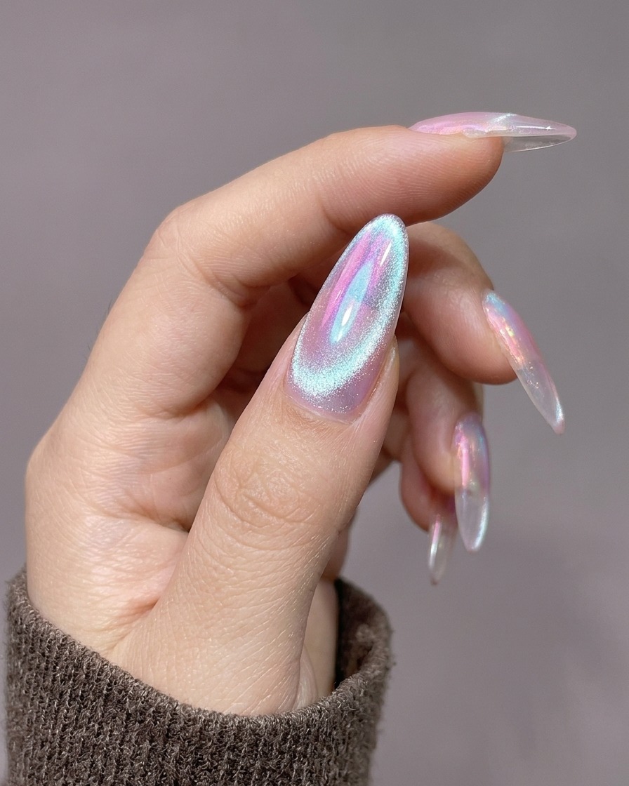 Nahaufnahme eines zylindrischen Magneten, der vertikal nahe der Nagelhaut eines Nagels mit feuchtem Cat-Eye-Gel gehalten wird.