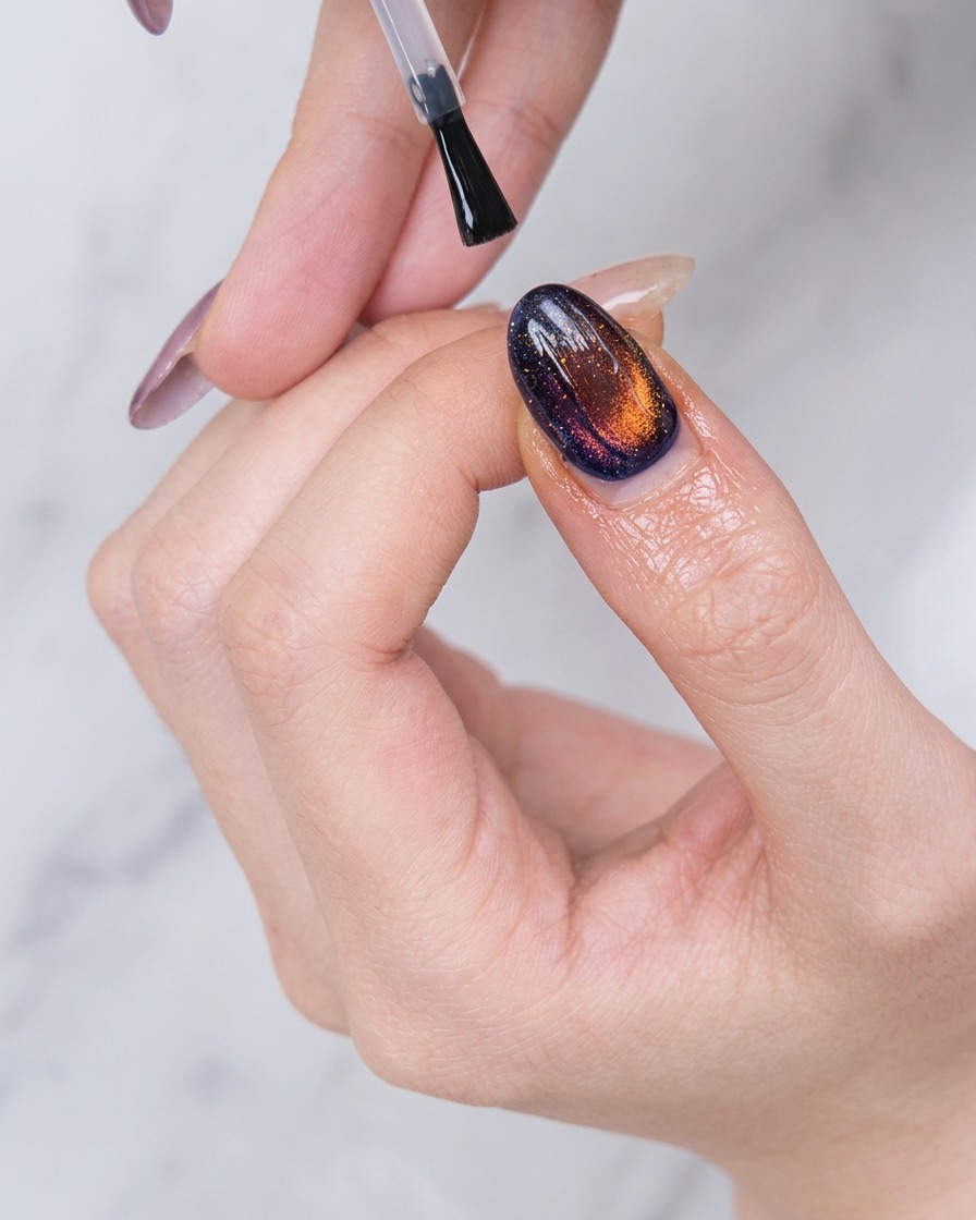 Ein Pinsel trägt eine Schicht klaren, glänzenden Überlack auf einen dunkelblauen und bernsteinfarbenen Cat-Eye-Gelnagel auf.