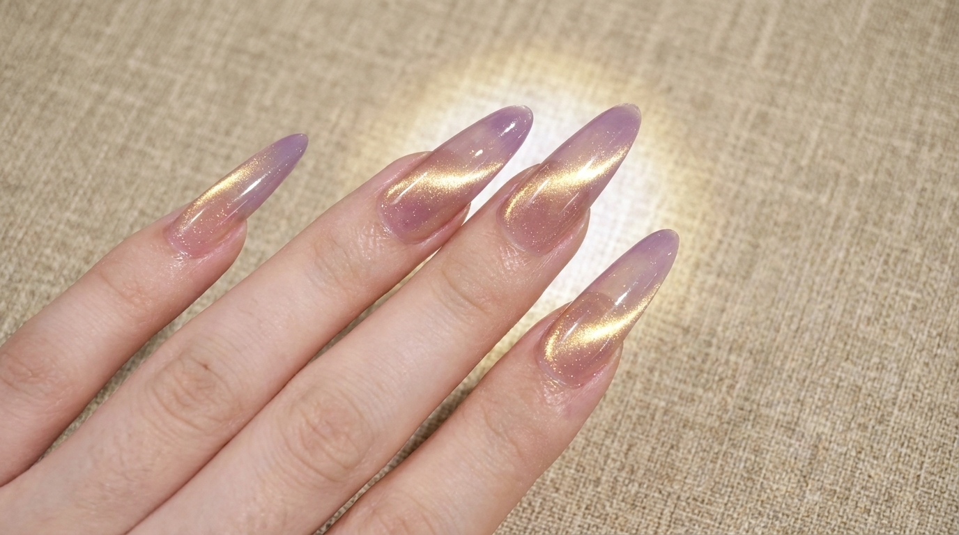 Lange Stiletto-Nägel mit einem transparenten Lila-Gold-Farbverlauf und einem hochreflektierenden Glasperlen-Cat-Eye-Finish.