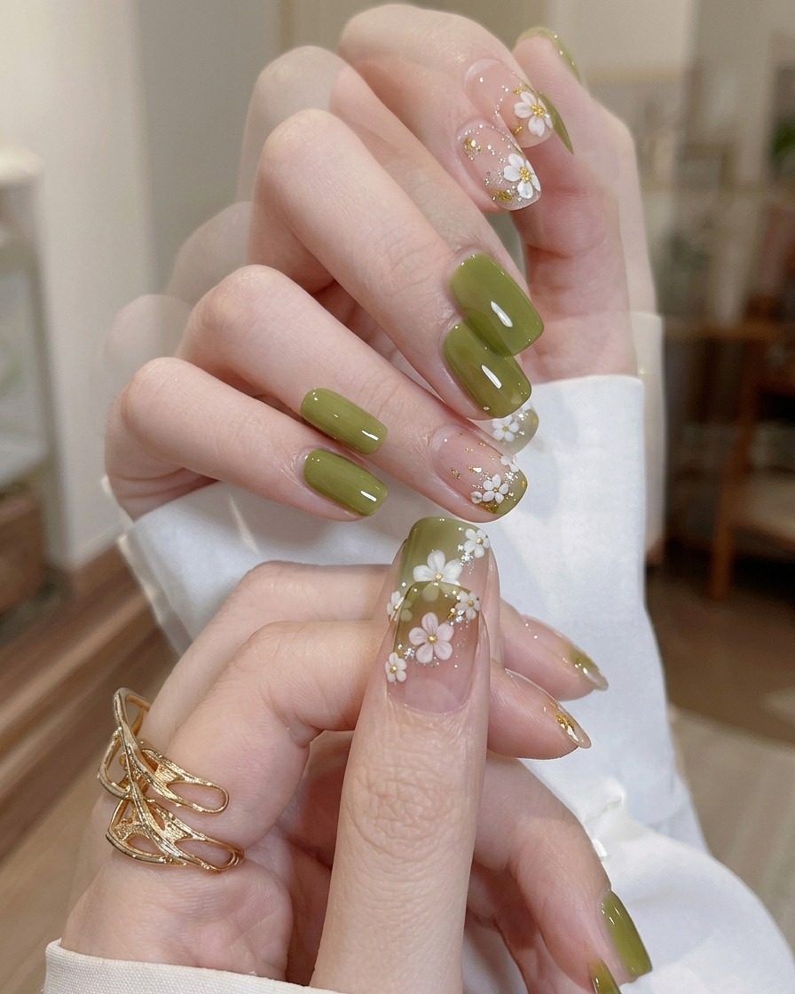 Ein Pinsel trägt eine abschließende Schicht klaren, glänzenden Überlack über ein fertiges Nageldesign auf.