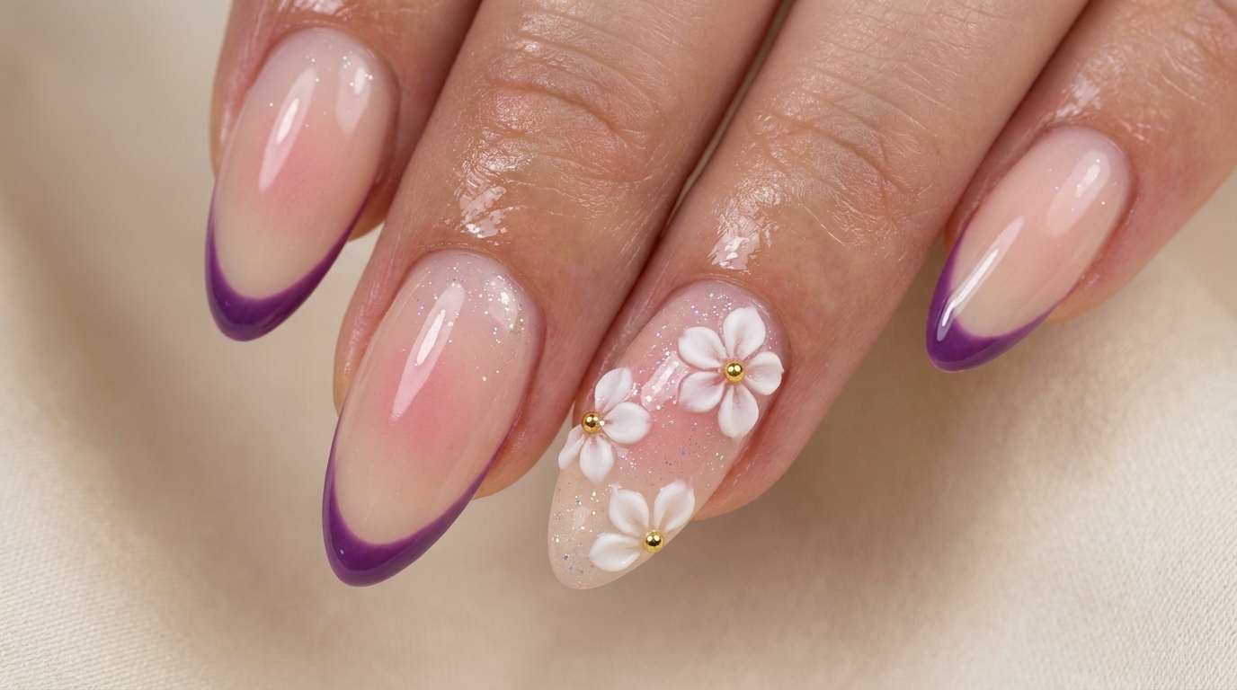 Anleitung für rosa Kirschblüten-Nägel mit Glitzer-French