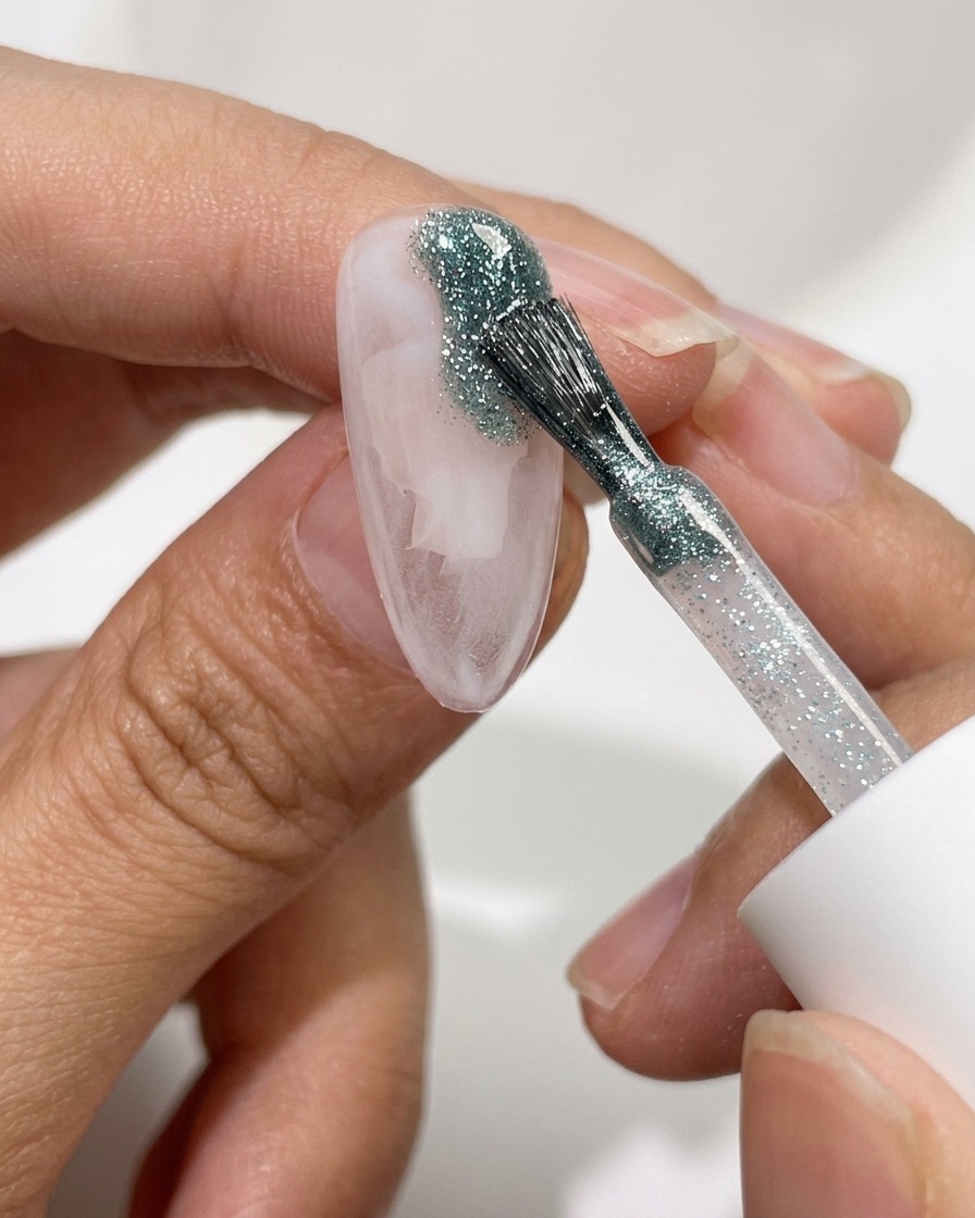 Ein Pinsel trägt silbernes Glitzergel in die freien Flächen des marmorierten Nagels auf.