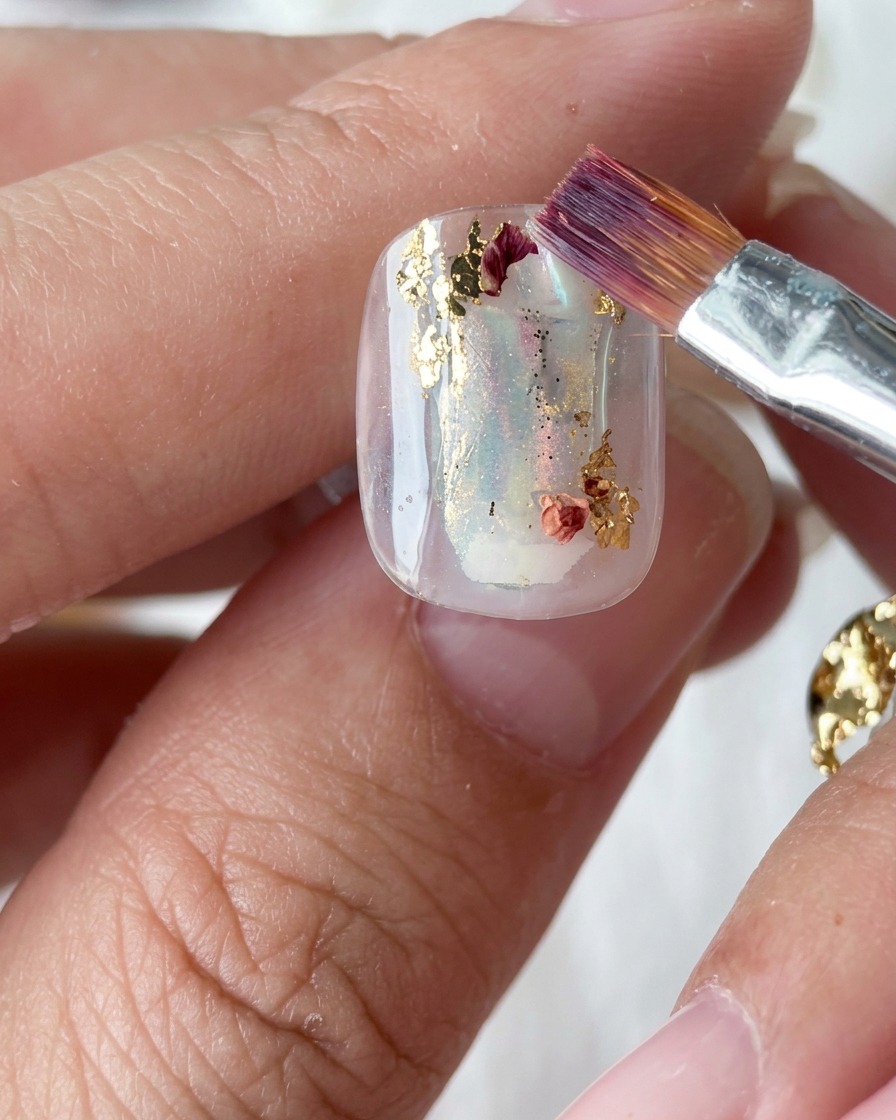 Ein flacher Pinsel wird verwendet, um die Goldfolienstücke sanft auf den Nagel zu drücken und zu glätten.