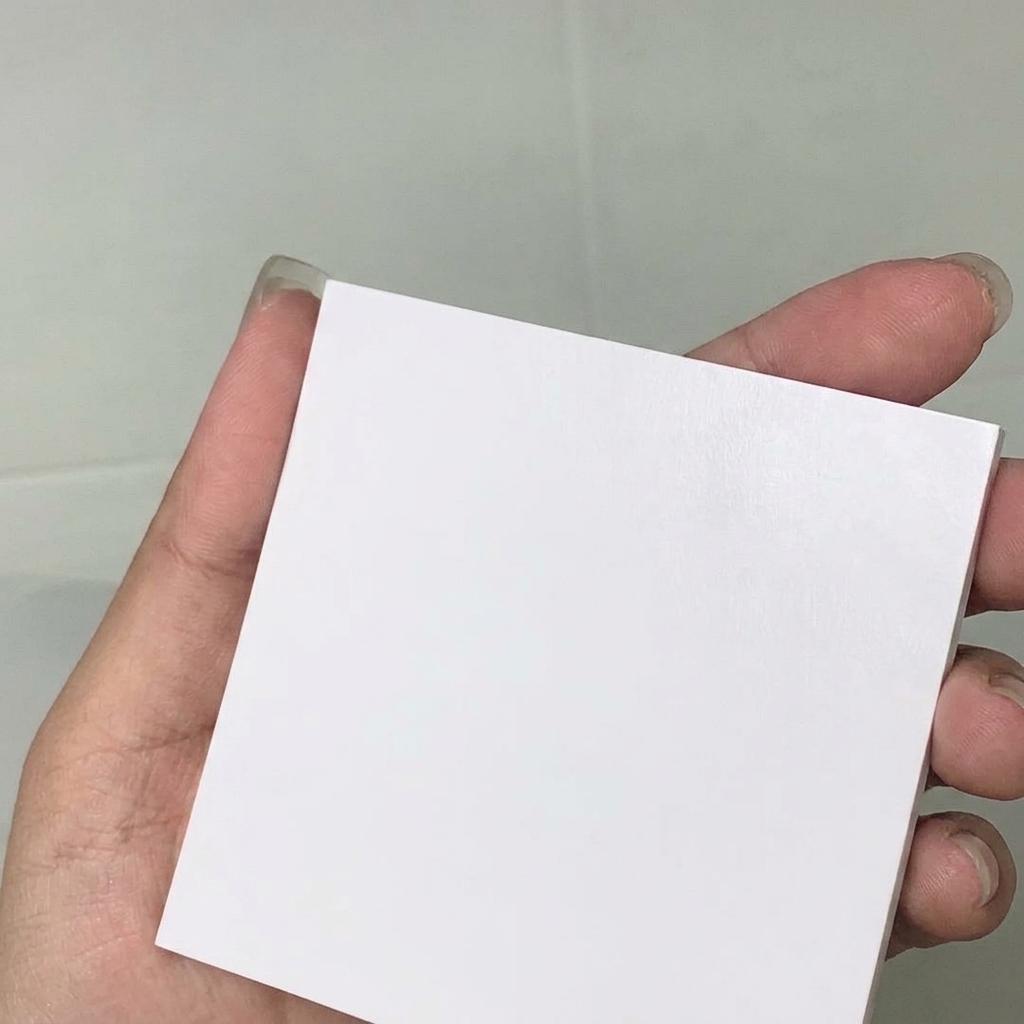 Eine Hand hält eine saubere, weiße, nicht poröse Palettenfolie vor einen neutralen Hintergrund.