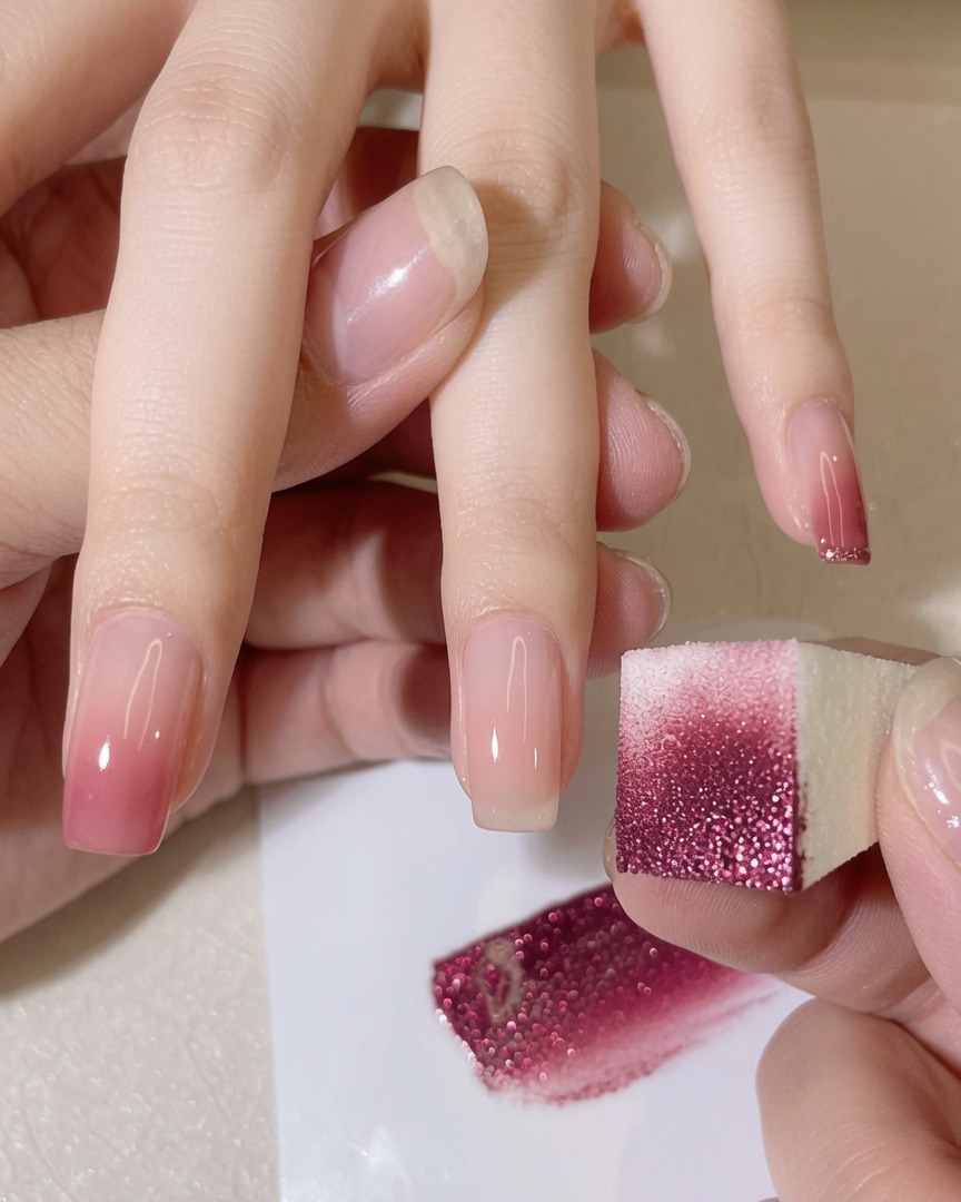 Ein Schwamm wird auf die Spitze eines natürlich aussehenden Nagels getupft, um einen sanften rosa Verlauf zu erzeugen.