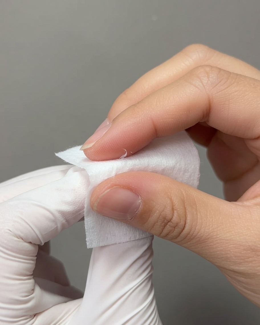Ein Make-up-Schwamm beim Auftragen von Pastellfarben auf eine Nagelspitze für einen Farbverlauf.
