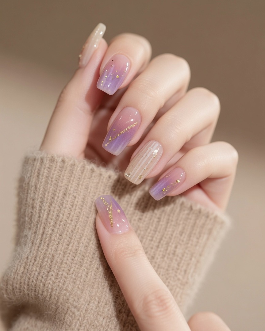 Ein Pinsel trägt ein helles Pink-Lila Gel auf die Nagelmitte auf.