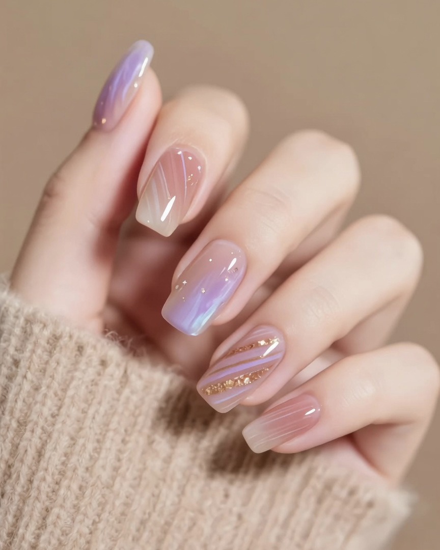 Eine Pinzette platziert kleine Goldfolienstücke auf den Ombré-Nagel.